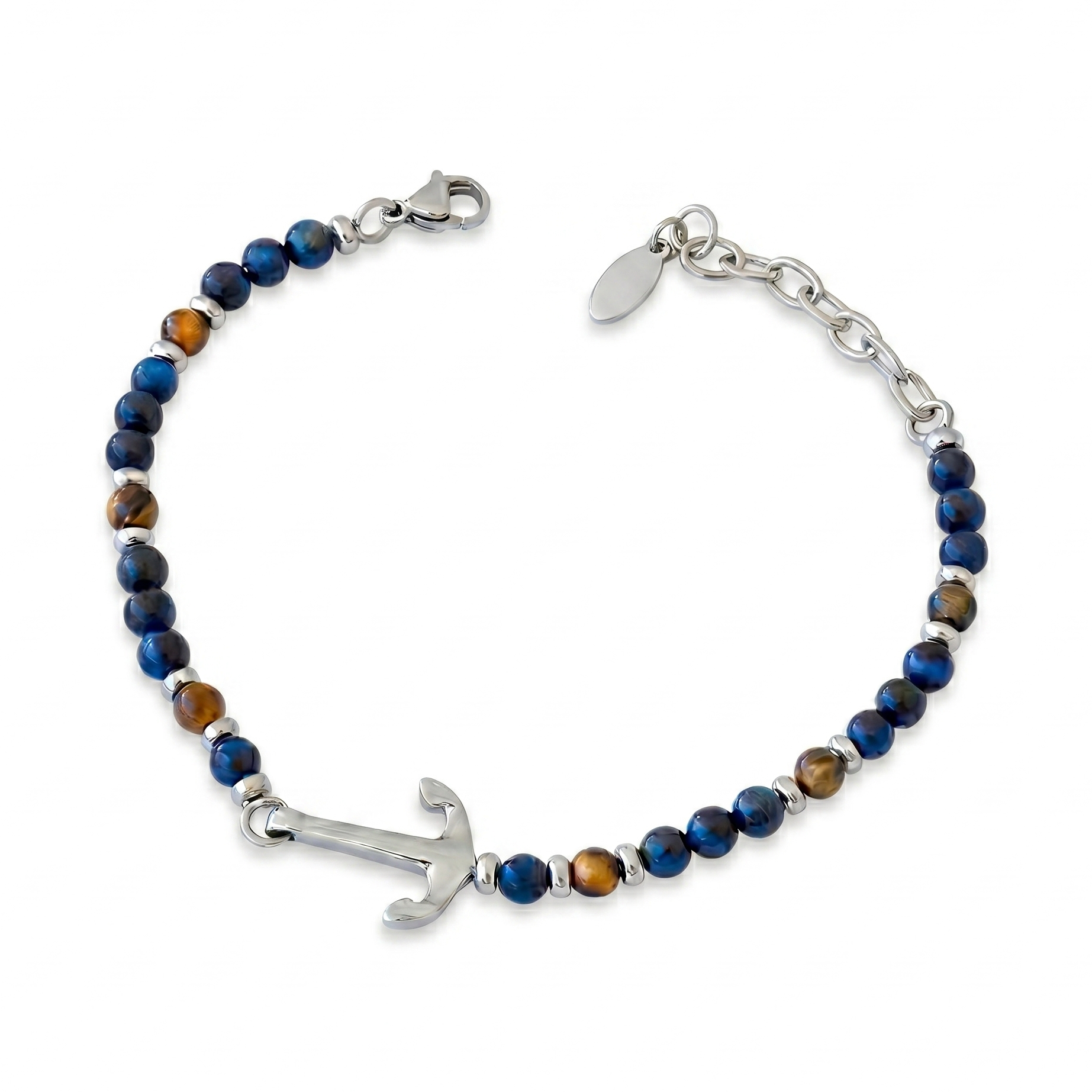 Bracciale con Ancora in Acciaio e Occhio di Tigre Blu e Marrone Fortynine