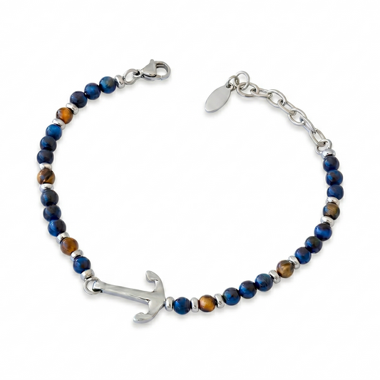 Bracciale con Ancora in Acciaio e Occhio di Tigre Blu e Marrone Fortynine