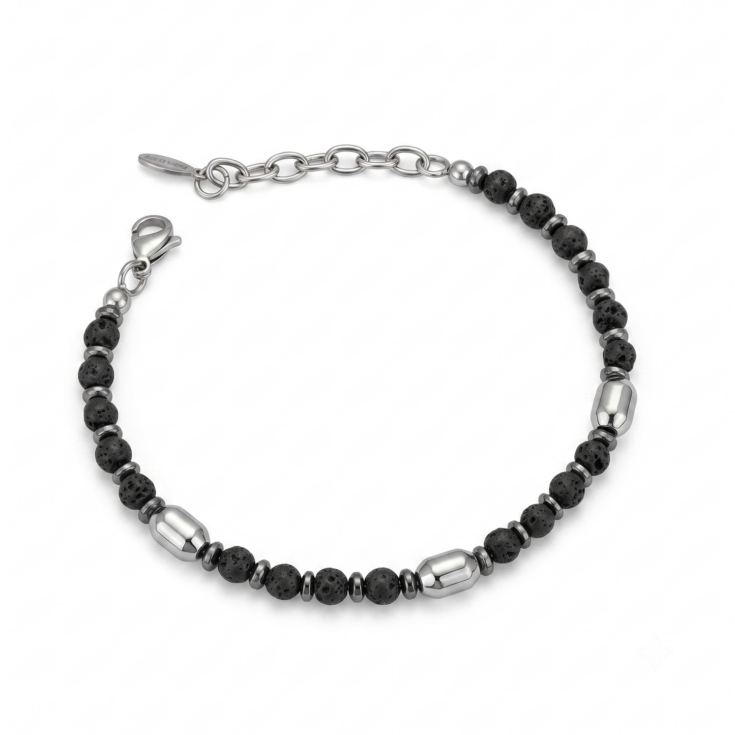 Bracciale in Pietra Lavica ed Ematite con Inserti Bombati in Acciaio Fortynine