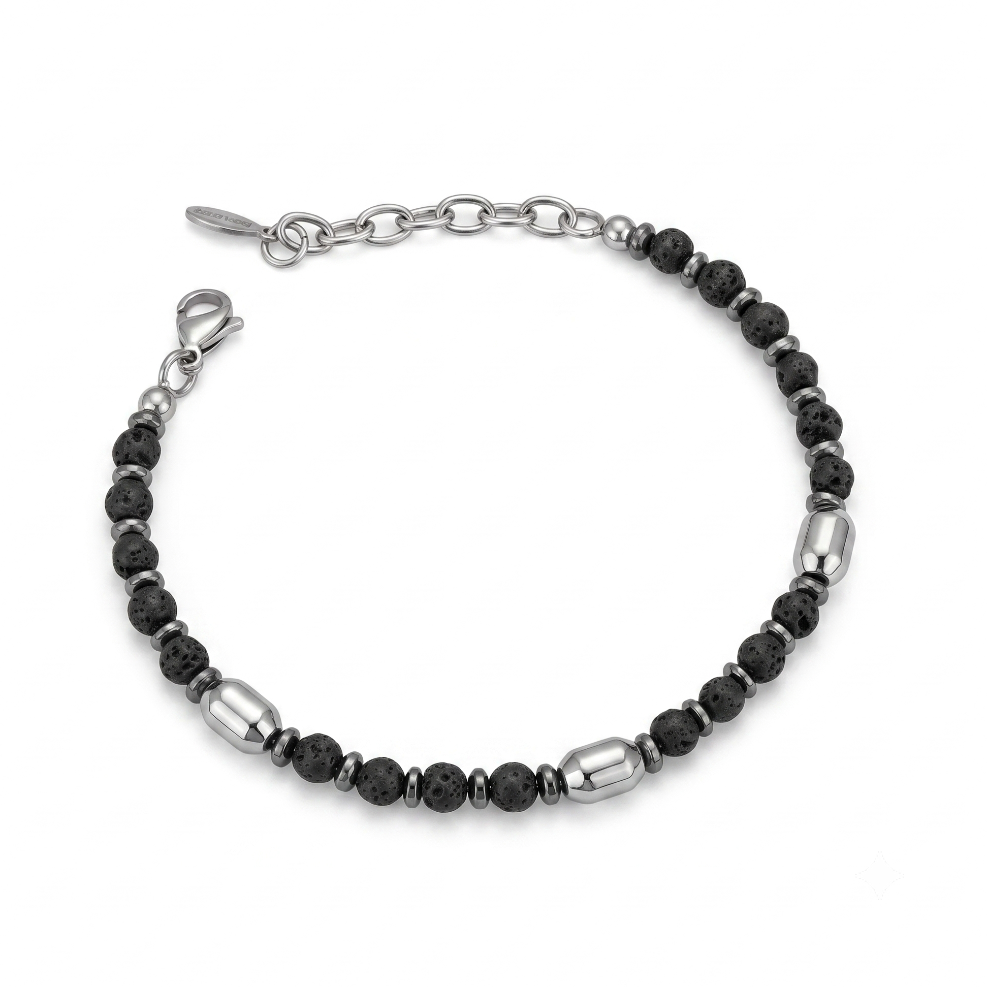 Bracciale in Pietra Lavica ed Ematite con Inserti Bombati in Acciaio Fortynine