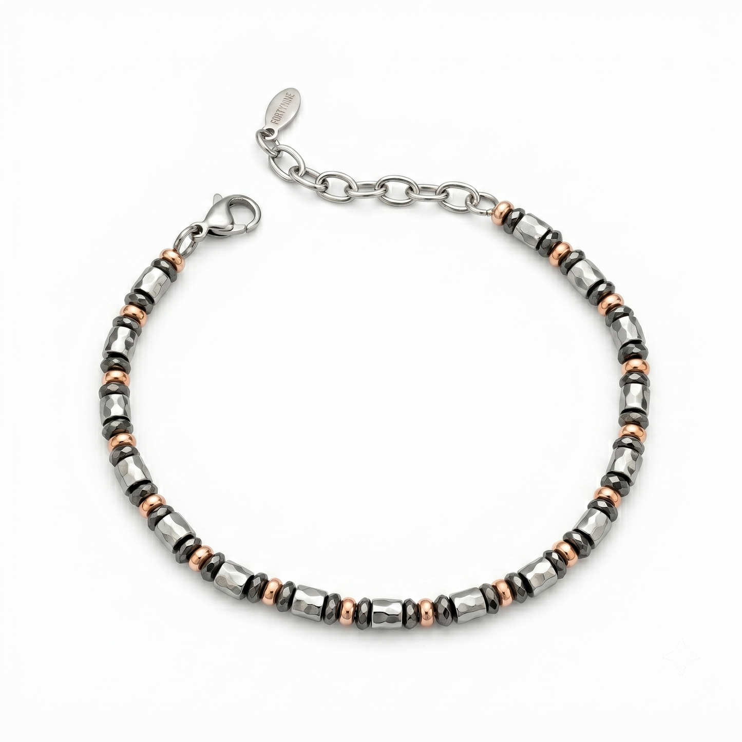 Bracciale Multitono in Ematite Sfaccettata, Elementi Martellati e Dettagli Oro Rosa Fortynine
