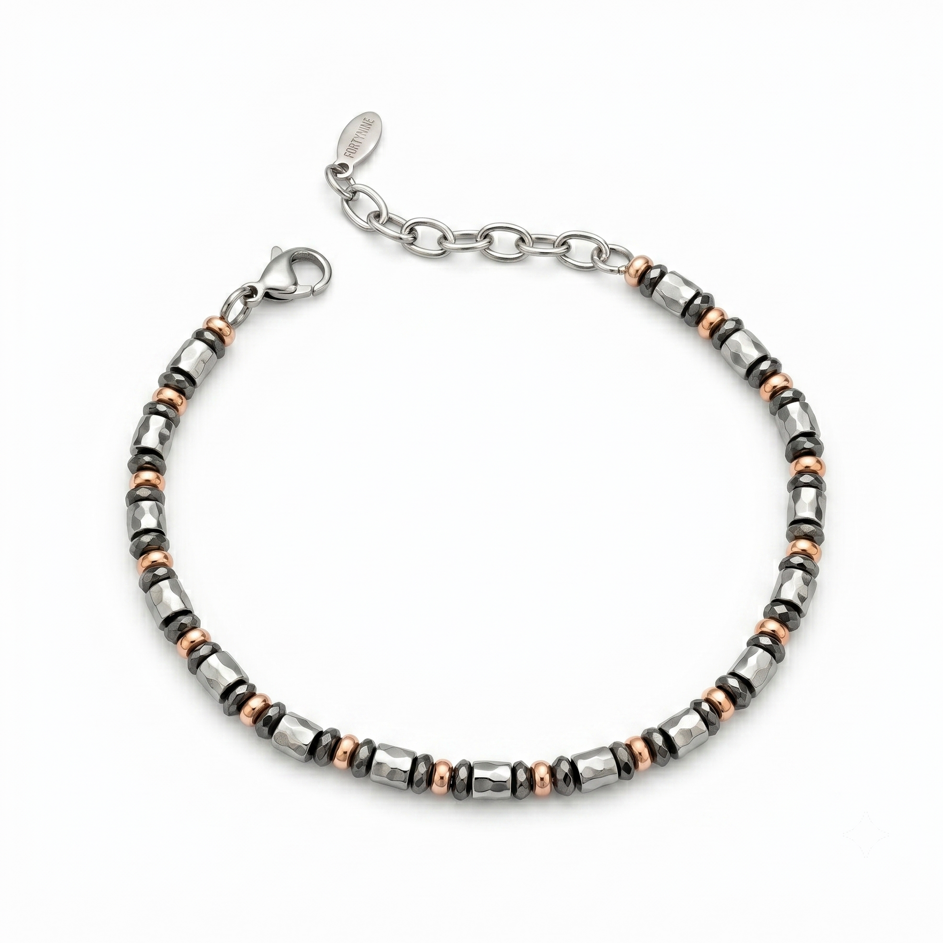 Bracciale Multitono in Ematite Sfaccettata, Elementi Martellati e Dettagli Oro Rosa Fortynine