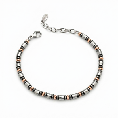 Bracciale Multitono in Ematite Sfaccettata, Elementi Martellati e Dettagli Oro Rosa Fortynine