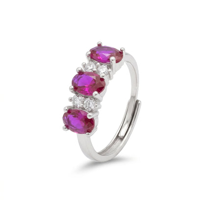 Anello Trilogy in Argento 925 Placcato Oro Bianco con Pietre Rosse e Zirconi Bianchi