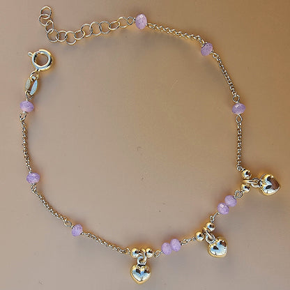 Bracciale Cuori E Pietre Viola In Argento Dorato Gioielli in Argento