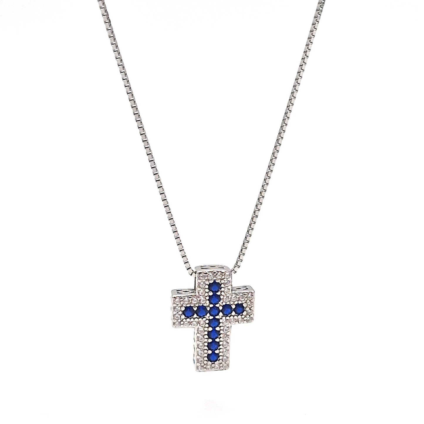 Collana in argento con croce a pavè di zirconi blu e bianchi