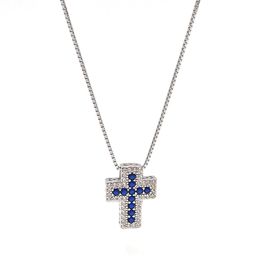 Collana in argento con croce a pavè di zirconi blu e bianchi