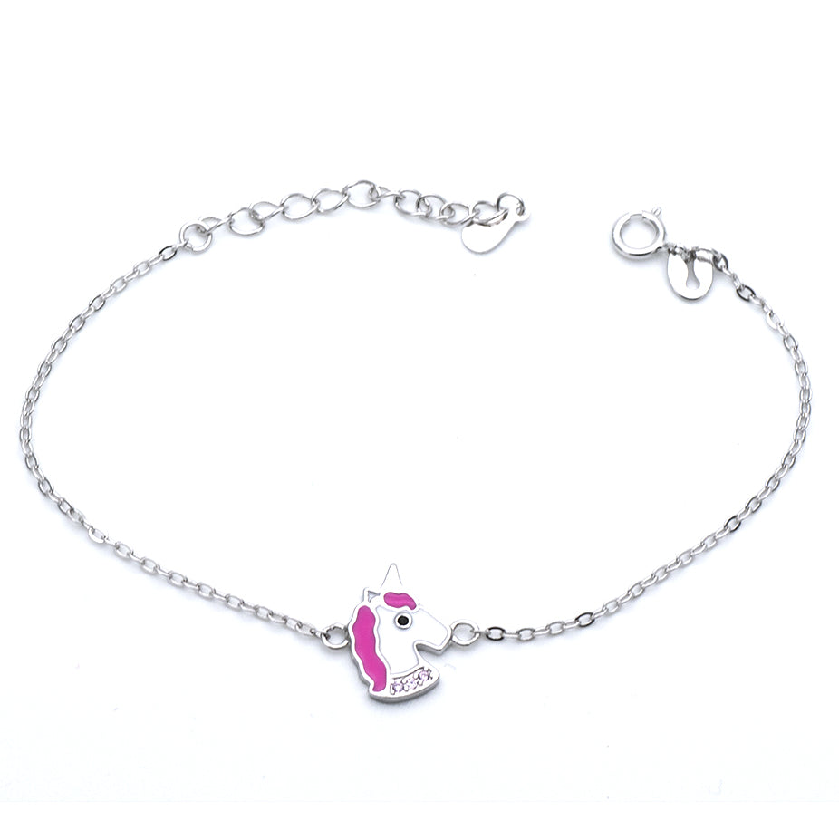 Bracciale bimba in Argento con unicorno smaltato e zirconi rosa