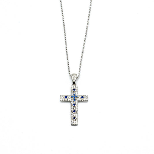 Collana Con Croce In Argento Con Zirconi E Pietre Blu Zaffiro