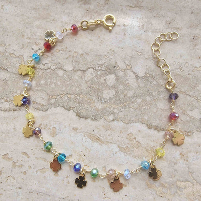 Bracciale Incanto di Quadrifogli in Argento 925 Placcato Oro 18kt con Gemma di Luce e Cristalli Multicolore Gioielli in Argento