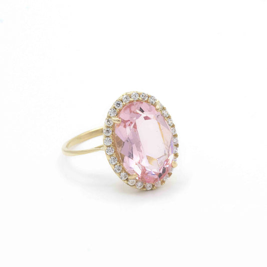 Anello In Oro Con Pietra Rosa Ovale E Zirconi