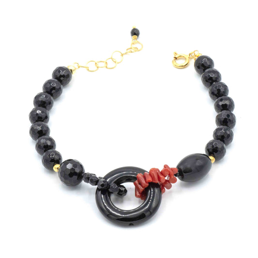 Bracciale In Agata Nera E Corallo